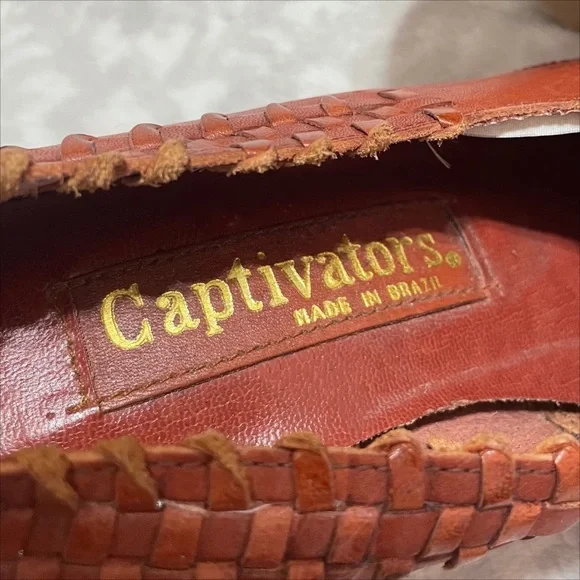Vintage Woven Wedges 70s Captivators Brown Leather Tie Oxford Heels - Picture 7 of 12